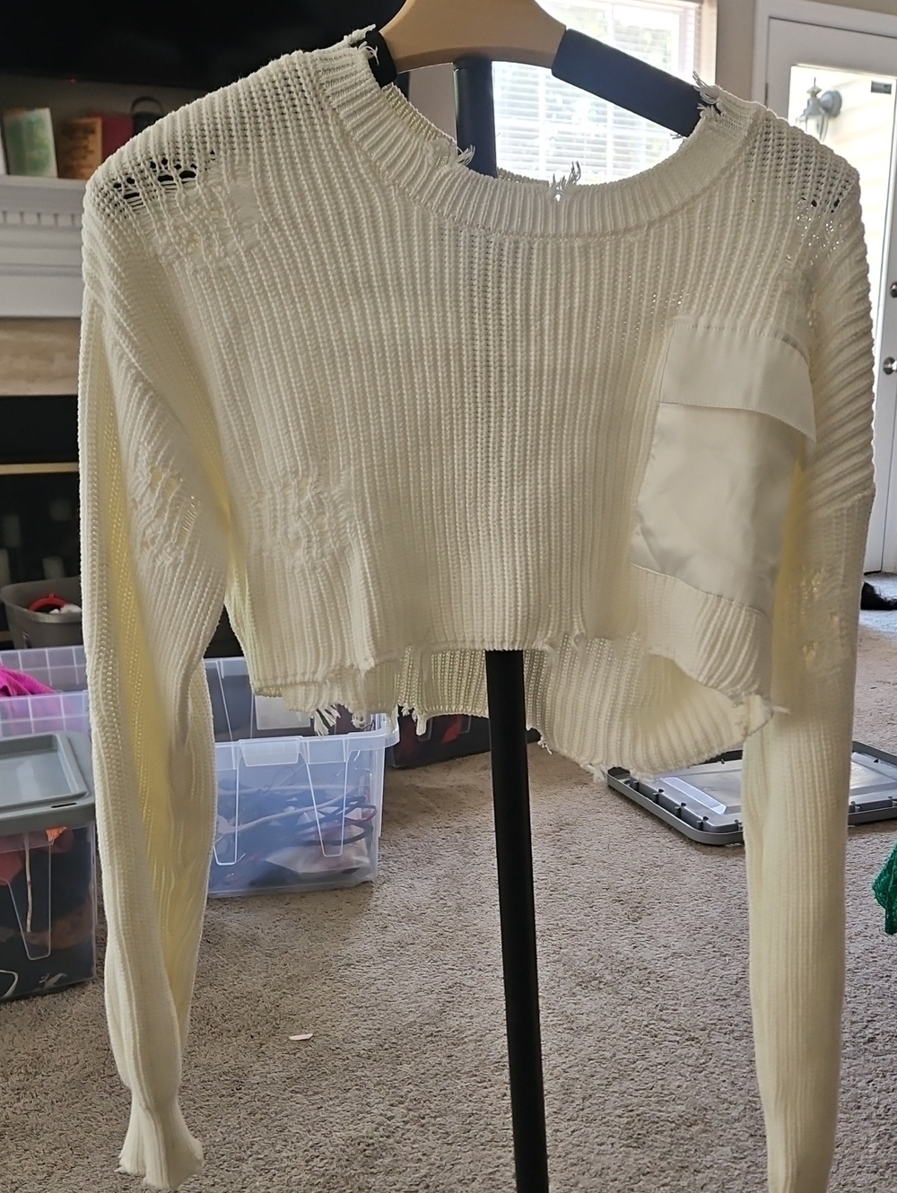 SER.O.YA White Distressed Knit Crop Sweater